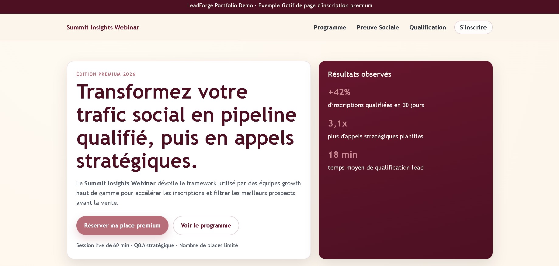 Demo de registro para webinar desarrollada por LeadForge